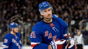 New York Rangers right wing Reilly Smith skates during an NHL hockey game against the St. Louis Blues, Monday, Nov. 25, 2024, in New York. The Blues won 5-2. (Julia Demaree Nikhinson/AP)