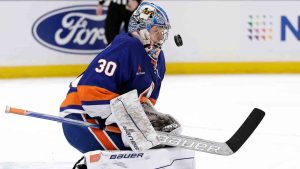 New York Islanders goaltender Ilya Sorokin (30) makes a save in the third period of an NHL hockey game against the Columbus Blue Jackets Monday, Jan. 20, 2025, in Elmont, N.Y. The Islanders won 3-1. (Adam Hunger/AP)