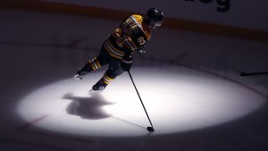 Boston Bruins left wing Brad Marchand warms up before the first period of an NHL game against the Minnesota Wild, Tuesday, Feb. 4, 2025, in Boston. (AP/Charles Krupa)