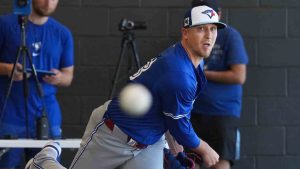 Toronto Blue Jays pitcher Jeff Hoffman throws a pitching session during spring training in Dunedin Fla., on Friday, February 14, 2025. (Nathan Denette/CP)