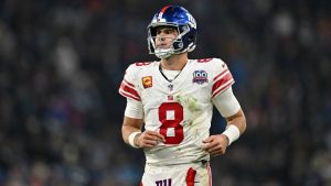 New York Giants quarterback Daniel Jones watches during the second half of an NFL football game against the Carolina Panthers, Sunday, Nov. 10, 2024, in Munich, Germany. (Lennart Preiss/AP)