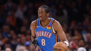 Oklahoma City Thunder forward Jalen Williams dribbles during the first half of an NBA basketball game against the Toronto Raptors. (AP Photo/Nate Billings)