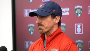 Florida Panthers forward Brad Marchand, who was acquired in a trade by the Panthers from the Boston Bruins last Friday, speaks during a news conference Monday, March 10, 2025, in Fort Lauderdale, Fla. (Lynne Sladky/AP)