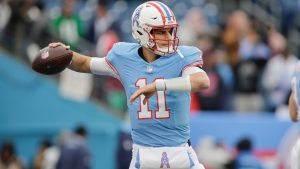 Tennessee Titans quarterback Mason Rudolph warms up prior to an NFL game against the Houston Texans, Jan. 5, 2025, in Nashville, Tenn. (AP/Stew Milne)