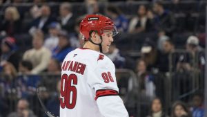 Carolina Hurricanes' Mikko Rantanen during the first period of an NHL hockey game against the New York Rangers, Tuesday, Jan. 28, 2025, in New York. (Seth Wenig/AP)