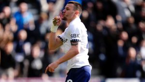 Preston North End's Milutin Osmajic celebrates scoring his side's second goal of the game, during the English FA Cup fifth round soccer match between Preston North End and Burnley, at Deepdale, in Preston, England, Saturday, March 1, 2025. (Nick Potts/PA via AP)