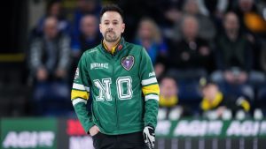 Northern Ontario skip John Epping reacts to his shot while playing New Brunswick during the Brier, in Kelowna, B.C., on Friday, February 28, 2025. (Darryl Dyck/CP)