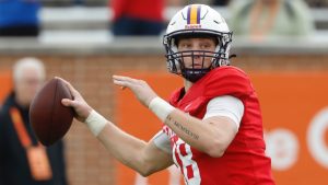 National team quarterback Taylor Elgersma of Laurier runs through drills during practice for the Senior Bowl NCAA college game, Thursday, Jan. 30, 2025, in Mobile, Ala. (AP/Butch Dill)