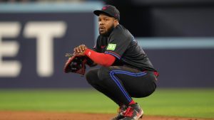 Toronto Blue Jays first base Vladimir Guerrero Jr. reacts after New York Yankees Alex Verdugo hit an RBI double during the eighth inning of the Jay's 16-5 loss to the Yankees in American League MLB baseball action in Toronto on Friday June 28, 2024. (Chris Young/CP)