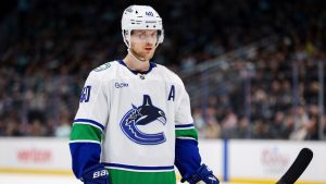 Vancouver Canucks center Elias Pettersson (40) looks on during the third period of an NHL hockey game against the Seattle Kraken, Saturday, March 1, 2025, in Seattle. (Rio Giancarlo/AP)