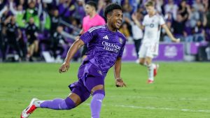 Orlando City defender Alex Freeman (30) reacts to scoring against Toronto FC during the first half of a MLS soccer match, Saturday, March 1, 2025, in Orlando, Fla. (Kevin Kolczynski/AP)