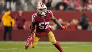 San Francisco 49ers linebacker Dre Greenlaw (57) against the Los Angeles Rams during the second half of an NFL football game in Santa Clara, Calif., Thursday, Dec. 12, 2024. (Godofredo A. Vásquez/AP)