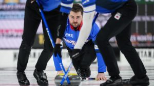 Manitoba-Dunstone skip Matt Dunstone watches his shot while playing New Brunswick during the Brier, in Kelowna, B.C., Wednesday, March 5, 2025. (Darryl Dyck/CP)