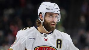 Florida Panthers defenceman Aaron Ekblad (5) looks on during the third period of an NHL hockey game against the Minnesota Wild Wednesday, Dec. 18, 2024, in St. Paul, Minn. (Matt Krohn/AP Photo)