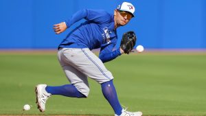 Toronto Blue Jays second baseman Andrés Giménez fields a ground ball during spring training in Dunedin Fla., on Tuesday, February 18, 2025. (Nathan Denette/CP)