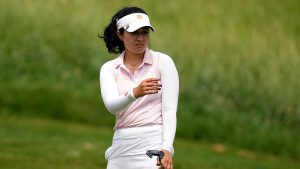 Savannah Grewal reacts to her shot on the seventh green during the first round of the Chevron Championship LPGA golf tournament Thursday, April 18, 2024, at The Club at Carlton Woods, in The Woodlands, Texas. (Eric Gay/AP Photo)