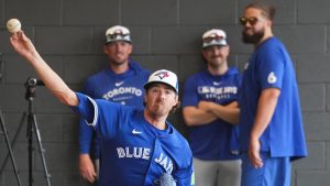 Toronto Blue Jays pitcher Kevin Gausman throws a pitching session during spring training in Dunedin Fla., on Sunday, February 16, 2025. (Nathan Denette/CP)