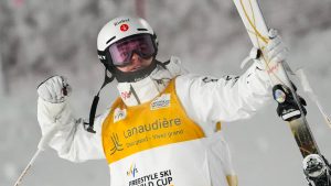 Canadian freestyle skiing star Mikael Kingsbury won silver in a World Cup moguls event Tuesday on the same course that will be used at next year's Milan-Cortina Olympics. Kingsbury celebrates after winning the men's World Cup freestyle skiing dual moguls in Saint-Come, Que., Saturday, Feb. 1, 2025. (Sean Kilpatrick/CP)