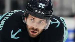 Seattle Kraken right wing Oliver Bjorkstrand (22) looks on during an NHL hockey game against the San Jose Sharks, Thursday, Jan. 30, 2025, in Seattle. (Lindsey Wasson/AP)