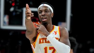 Atlanta Hawks forward Onyeka Okongwu (17) celebrates his basket against the Philadelphia 76ers during the second half of an NBA basketball game, Monday, March 10, 2025, in Atlanta. (Mike Stewart/AP)