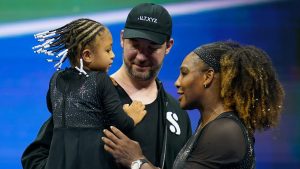 Serena Williams, of the United States, talks with her daughter Olympia and husband Alexis Ohanian after defeating Danka Kovinic, of Montenegro, during the first round of the U.S. Open tennis championships, Aug. 29, 2022, in New York. (Charles Krupa/AP)