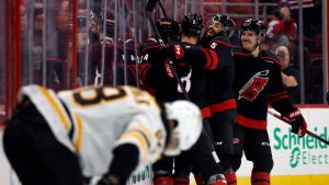 Carolina Hurricanes celebrate after a goal by Seth Jarvis during the third period of an NHL hockey game against the Boston Bruins in Raleigh, N.C., Thursday, March 6, 2025. (Karl DeBlaker/AP)