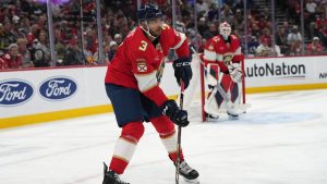 Florida Panthers defenceman Seth Jones (3) skates with the puck during the first period of an NHL hockey game against the Tampa Bay Lightning Monday, March 3, 2025, in Sunrise, Fla. (Lynne Sladky/AP)