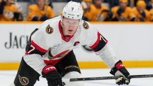 Ottawa Senators left wing Brady Tkachuk (7) plays during the first period of an NHL hockey game against the Nashville Predators, Monday, Feb. 3, 2025, in Nashville, Tenn. (George Walker IV/AP)