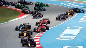 Red Bull driver Max Verstappen of the Netherlands leads the group during the firsts laps of the Formula 1 Spanish Grand Prix at the Barcelona Catalunya racetrack in Montmelo, near Barcelona, Spain, Sunday, June 23, 2024. (Joan Monfort/AP)